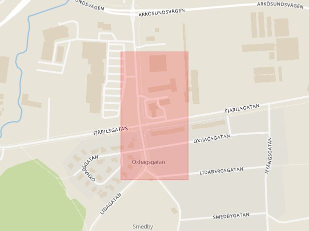 Karta som med röd fyrkant ramar in Spinnaregatan, Smedby, Fjärilsgatan, Norrköping, Östergötlands län