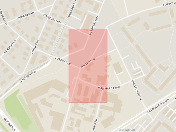 Karta som med röd fyrkant ramar in Östergötland, Skarphagsgatan, Norrköping, Östergötlands län