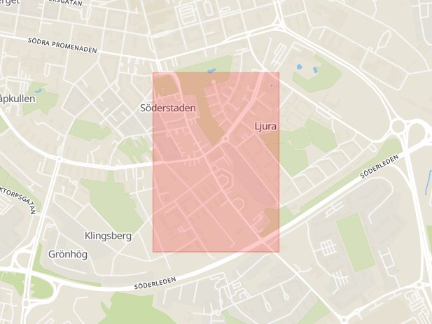 Karta som med röd fyrkant ramar in Ljura, Hagebygatan, Norrköping, Östergötlands län