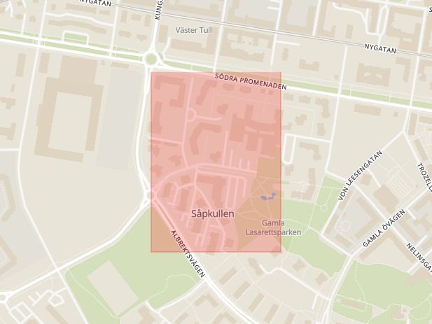 Karta som med röd fyrkant ramar in Gamla Lasarettsgatan, Norrköping, Östergötlands län