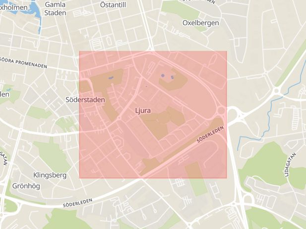 Karta som med röd fyrkant ramar in Linköping, Gottfridsberg, Norrköping, Vilbergen, Ljura, Svärtinge, Gamla Staden, Östergötlands län