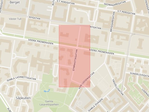 Karta som med röd fyrkant ramar in Gymnastikgatan, Norrköping, Östergötlands län