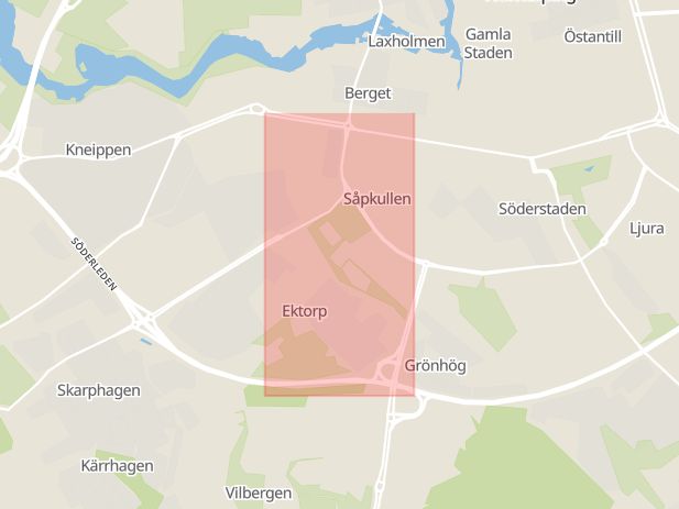 Karta som med röd fyrkant ramar in Östergötlands Län, Ektorpsgatan, Norrköping, Sankt Persgatan, Jönköpings län, Östergötlands län