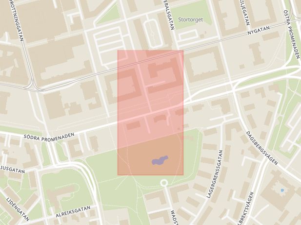 Karta som med röd fyrkant ramar in Kristinagatan, Södra Promenaden, Norrköping, Östergötlands län