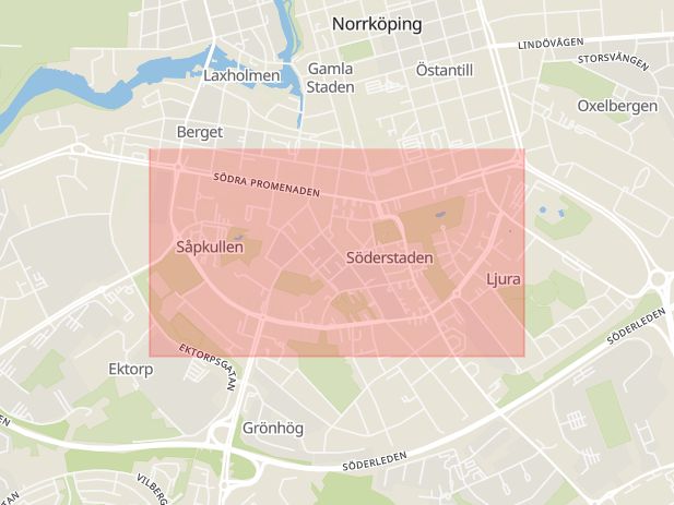 Karta som med röd fyrkant ramar in Norrköping, Albrektsvägen, Östergötlands län