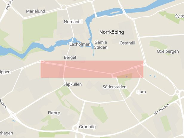 Karta som med röd fyrkant ramar in Södra Promenaden, Norrköping, Östergötlands län