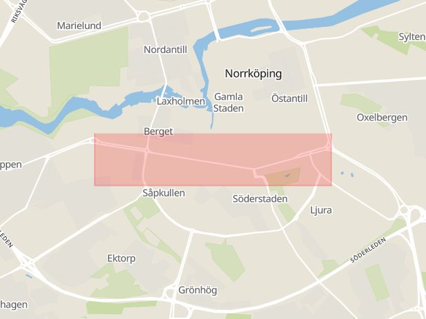 Karta som med röd fyrkant ramar in Södra Promenaden, Albrektsvägen, Norrköping, Östergötlands län
