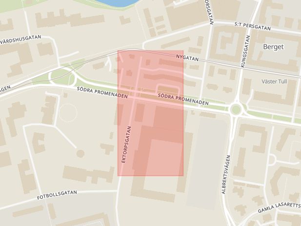 Karta som med röd fyrkant ramar in Ektorpsgatan, Norrköping, Sankt Persgatan, Östergötlands län
