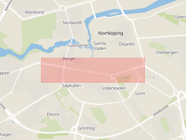 Karta som med röd fyrkant ramar in Östra Promenaden, Norrköping, Södra Promenaden, Östergötlands län