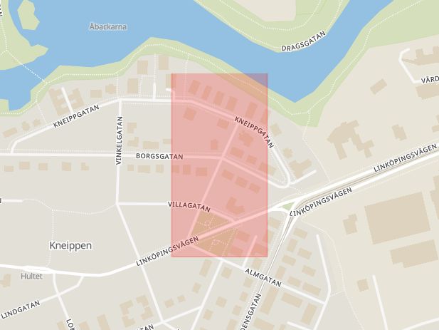 Karta som med röd fyrkant ramar in Borggatan, Älvgatan, Norrköping, Östergötlands län