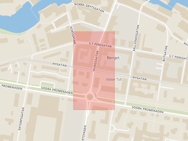 Karta som med röd fyrkant ramar in Kungsgatan, Nygatan, Norrköping, Östergötlands län