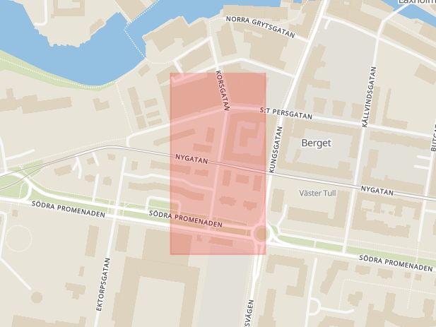 Karta som med röd fyrkant ramar in Nygatan, Korsgatan, Norrköping, Östergötlands län