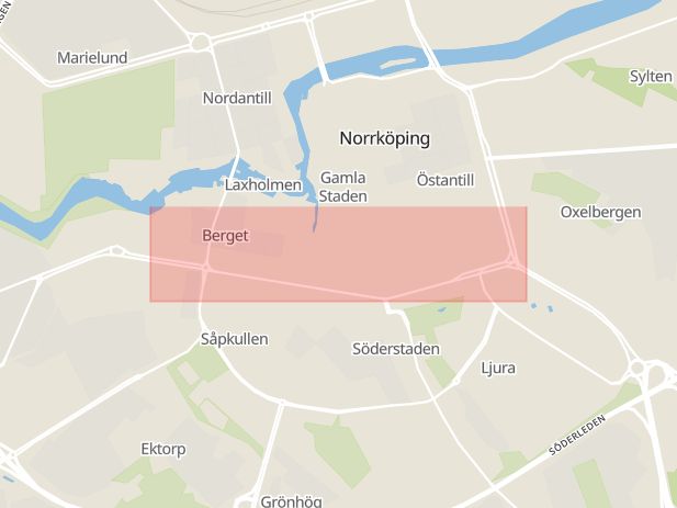 Karta som med röd fyrkant ramar in Östergötland, Nygatan, Norrköping, Mjölby, Murkelvägen, Pryssgården, Östergötlands län