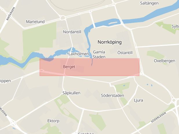 Karta som med röd fyrkant ramar in Södermanlands Län, Norrköping, Sankt Persgatan, Mjölby, Östergötlands län