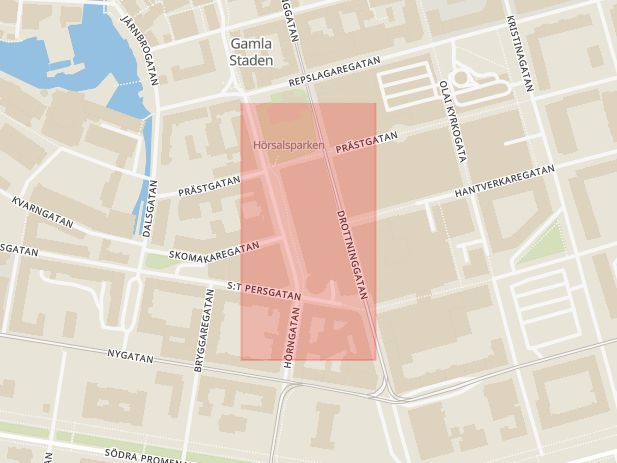 Karta som med röd fyrkant ramar in Drottninggatan, Persgatan, Hörngatan, Filmstaden, Norrköping, Östergötlands län