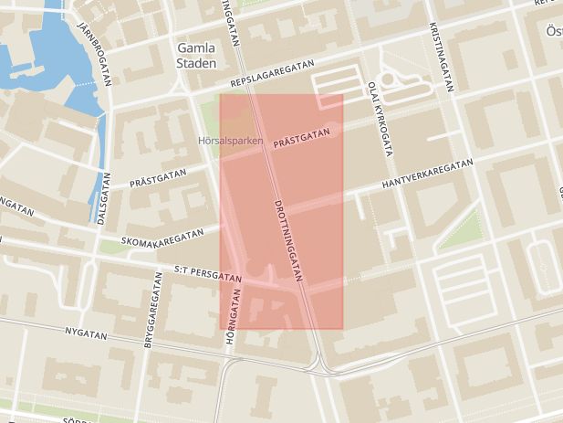 Karta som med röd fyrkant ramar in Drottninggatan, Hantverkaregatan, Norrköping, Östergötlands län