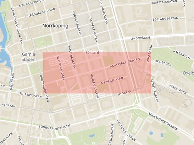 Karta som med röd fyrkant ramar in Hantverkaregatan, Norrköping, Agneshögsgatan, Motala, Hagebygatan, Östergötlands län