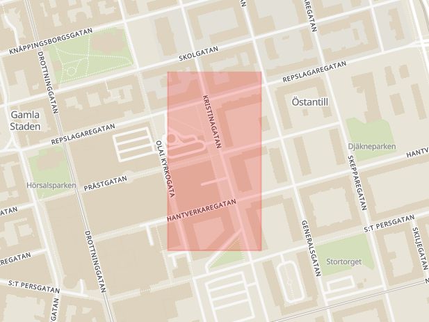 Karta som med röd fyrkant ramar in Olai Kyrkogata, Prästgatan, Norrköping, Östergötlands län