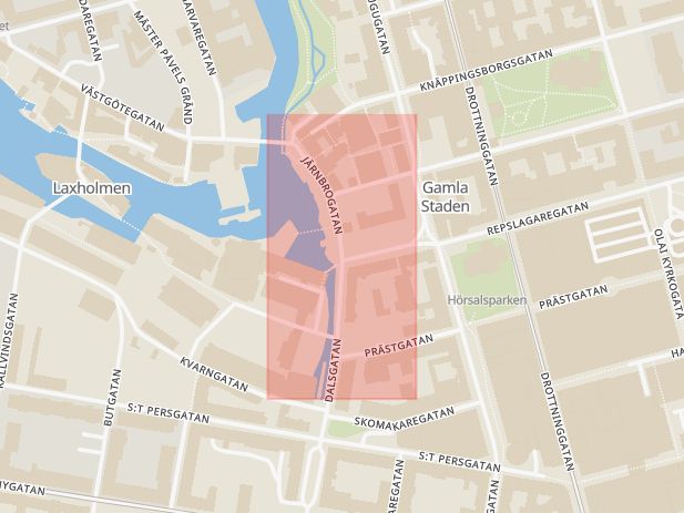 Karta som med röd fyrkant ramar in Repslagaregatan, Dalsgatan, Södra Promenaden, Norrköping, Östergötlands län