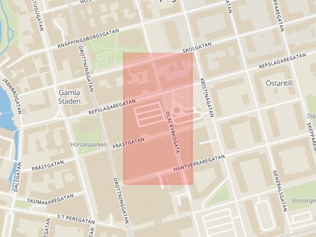 Karta som med röd fyrkant ramar in Repslagaregatan, Norrköping, Skattegården, Skäggetorp, Linköping, Östergötlands län