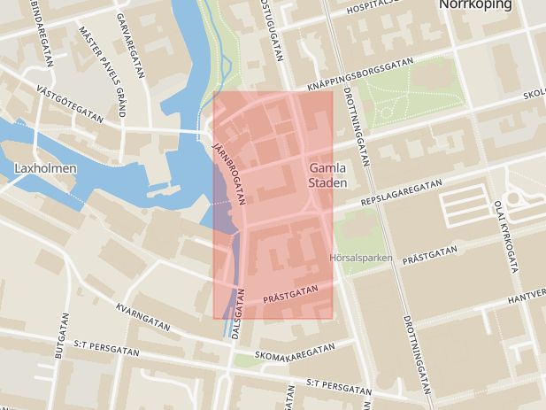 Karta som med röd fyrkant ramar in Gamla Torget, Norrköping, Resecentrum, Platensgatan, Linköping, Tunnbindaregatan, Östergötlands län