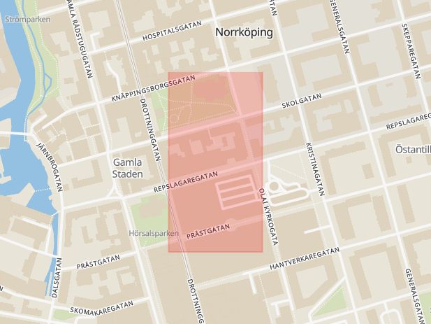 Karta som med röd fyrkant ramar in Östergötland, Skänninge, Repslagaregatan, Norrköping, Östergötlands län