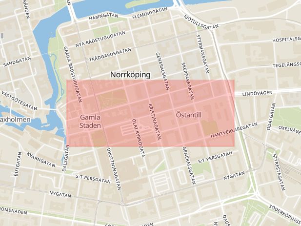 Karta som med röd fyrkant ramar in Östergötland, Fogdegatan, Linköping, Repslagaregatan, Norrköping, Burensköldsvägen, Mjölby, Östergötlands län