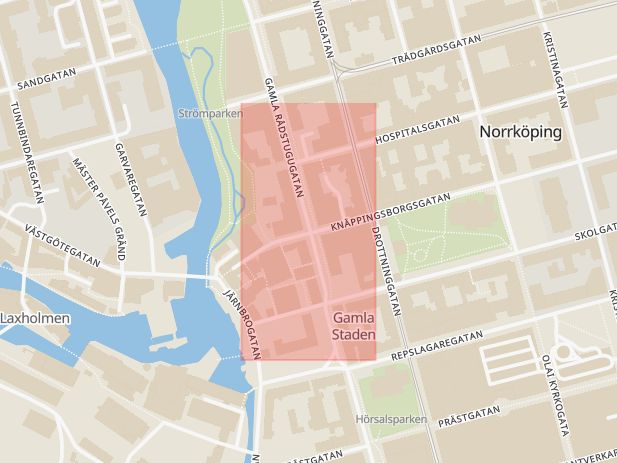 Karta som med röd fyrkant ramar in Gamla Rådstugugatan, Knäppingsborgsgatan, Norrköping, Östergötlands län