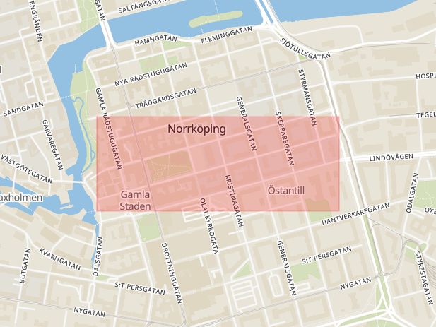 Karta som med röd fyrkant ramar in Skolgatan, Norrköping, Östergötlands län