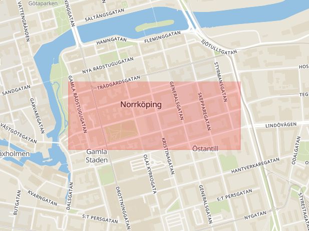 Karta som med röd fyrkant ramar in Knäppingsborgsgatan, Östergötlands län