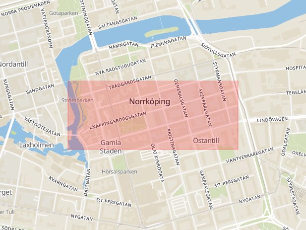 Karta som med röd fyrkant ramar in Knäppingsborgsgatan, Norrköping, Östergötlands län