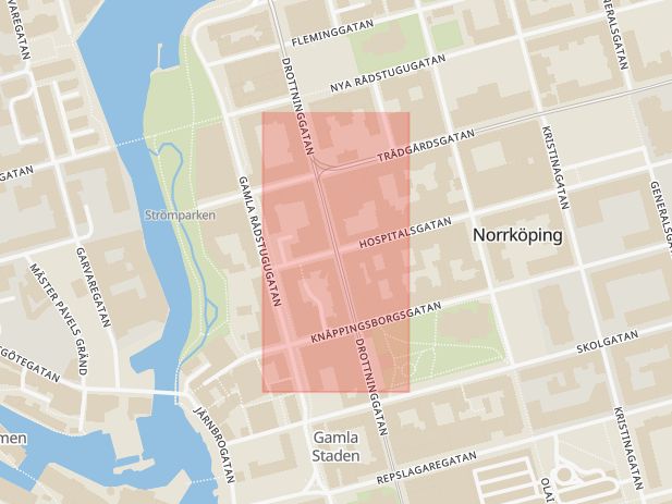 Karta som med röd fyrkant ramar in Drottninggatan, Hospitalsgatan, Norrköping, Östergötlands län