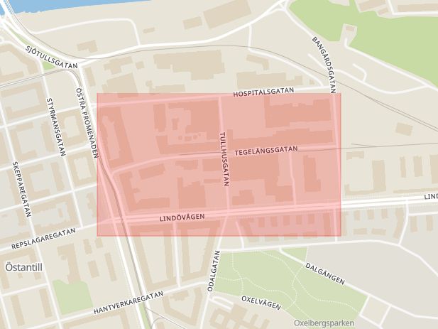 Karta som med röd fyrkant ramar in Tegelängsgatan, Norrköping, Östergötlands län
