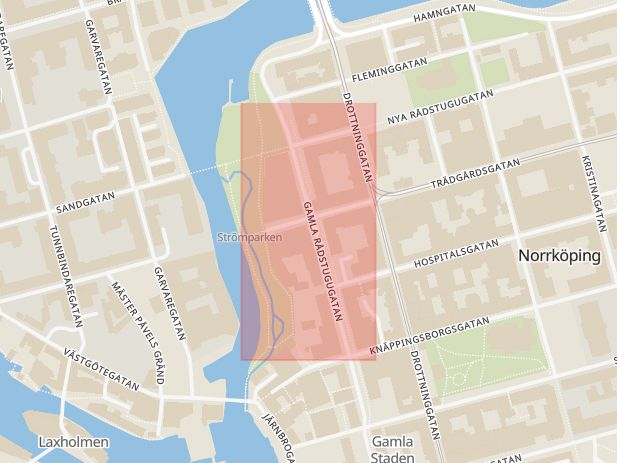 Karta som med röd fyrkant ramar in Hageby, Muraregatan, Kupén, Norrköping, Gamla Rådstugugatan, Östergötlands län
