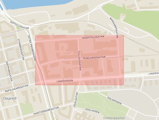 Karta som med röd fyrkant ramar in Tegelängsgatan, Blygatan, Norrköping, Östergötlands län