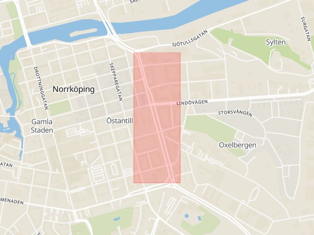 Karta som med röd fyrkant ramar in Östra Promenaden, Norrköping, Östergötlands län
