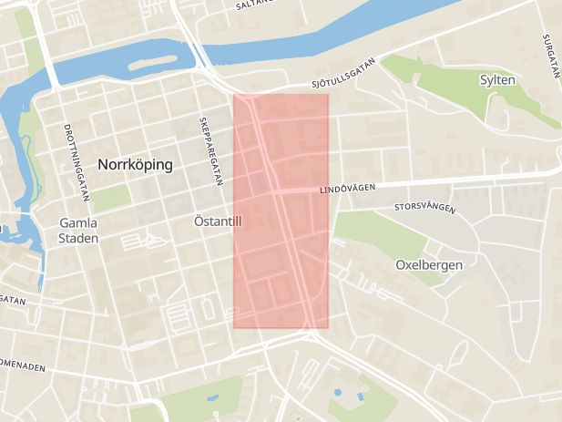 Karta som med röd fyrkant ramar in Östra Promenaden, Norrköping, Östergötlands län