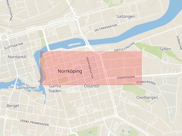 Karta som med röd fyrkant ramar in Hospitalsgatan, Norrköping, Söderköping, Kvarn, Tallboda, Klockgjutaregatan, Vintergatan, Motala, Östergötlands län
