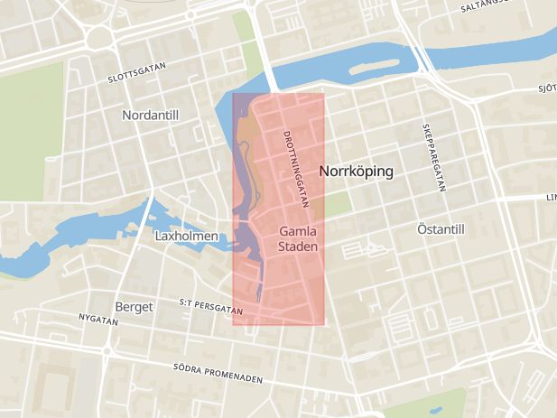 Karta som med röd fyrkant ramar in Gamla Rådstugugatan, Norrköping, Östergötlands län