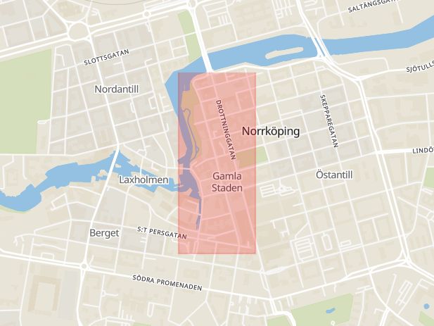 Karta som med röd fyrkant ramar in Rådstugugatan, Norrköping, Kungsgatan, Vattengatan, Östergötlands län