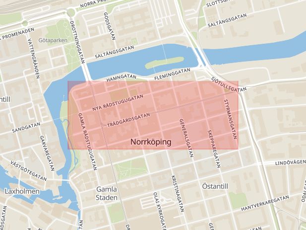 Karta som med röd fyrkant ramar in Skarphagen, Norrköping, Roxviksgatan, Linköping, Trädgårdsgatan, Östergötlands län