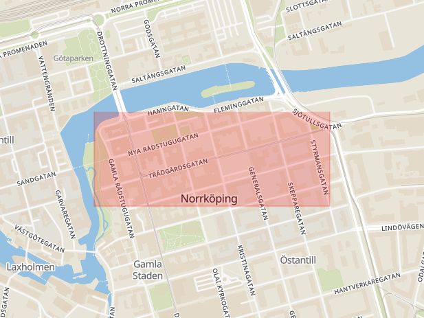 Karta som med röd fyrkant ramar in Östergötland, Trädgårdsgatan, Norrköping, Östergötlands län