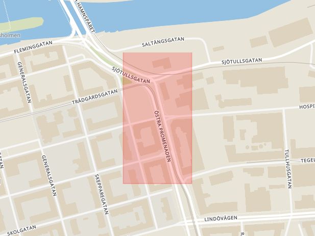 Karta som med röd fyrkant ramar in Hospitalsgatan, Östra Promenaden, Norrköping, Östergötlands län
