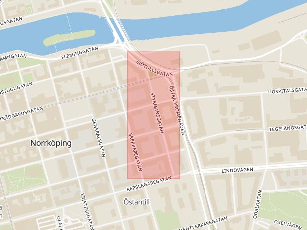 Karta som med röd fyrkant ramar in Styrmansgatan, Norrköping, Östergötlands län