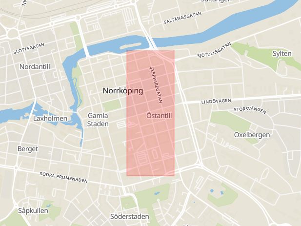 Karta som med röd fyrkant ramar in Generalsgatan, Norrköping, Östergötlands län