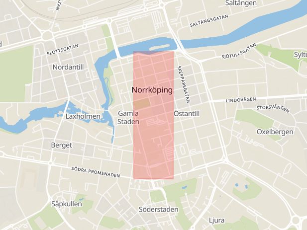 Karta som med röd fyrkant ramar in Östergötland, Olai Kyrkogata, Norrköping, Östergötlands län
