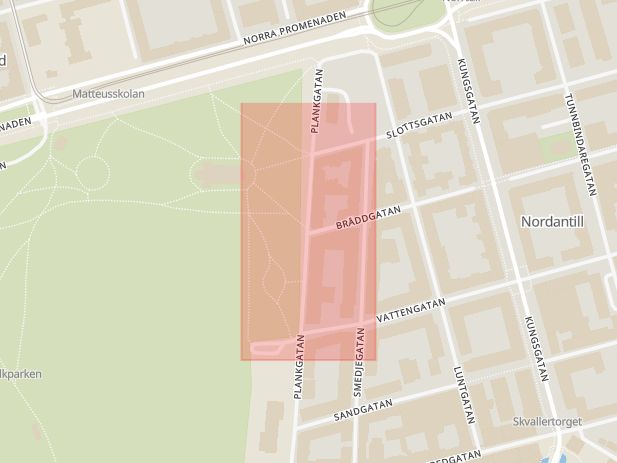 Karta som med röd fyrkant ramar in Bråddgatan, Plankgatan, Norrköping, Östergötlands län