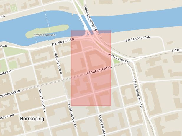 Karta som med röd fyrkant ramar in Skepparegatan, Repslagaregatan, Norrköping, Östergötlands län