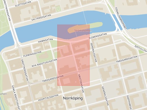 Karta som med röd fyrkant ramar in Kristinagatan, Nya Rådstugugatan, Norrköping, Östergötlands län