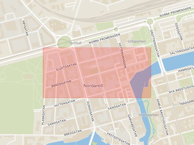 Karta som med röd fyrkant ramar in Broddgatan, Norrköping, Östergötlands län